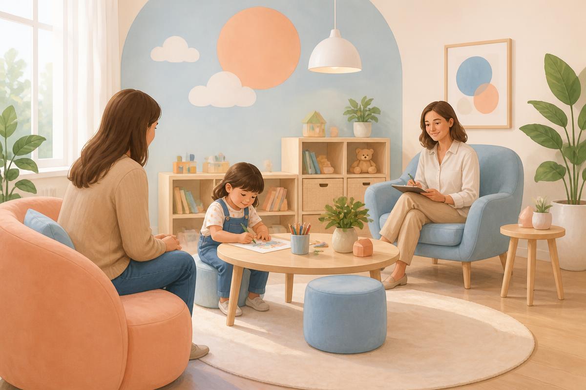 Espacio de terapia psicológica infantil acogedor con niña, mamá y psicóloga en tonos cielo y melocotón